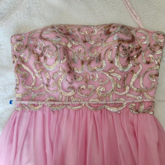 Alyce Paris Cosmo Pink Chiffon Strapless Prom Dress Gold Sequin Bodice Size 14 - Picture 6 of 7